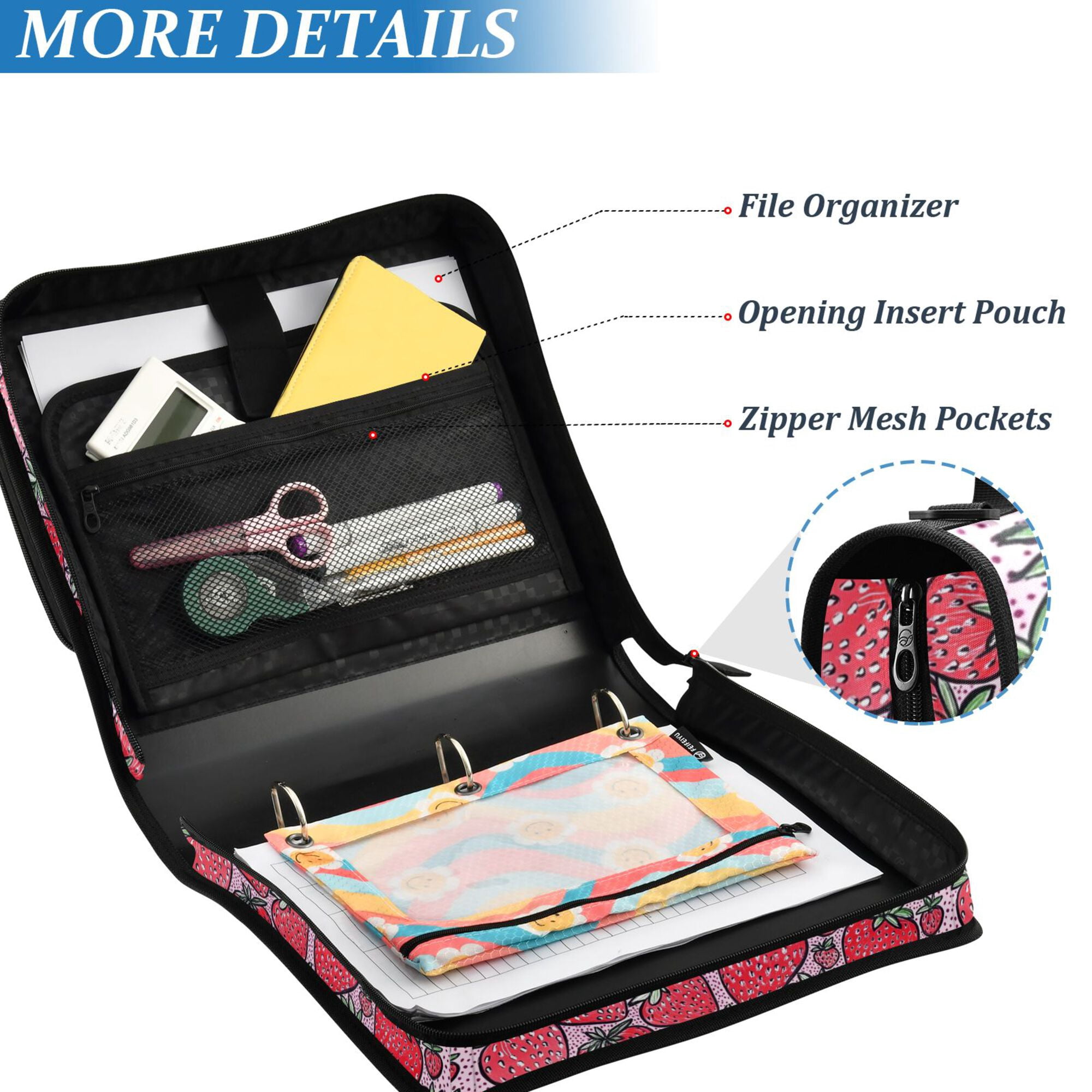 FORMRS Zipper Binder with Shoulder Strap 2-inch Ring 500 Sheet Capacity File Bag, Sweet Strawberry