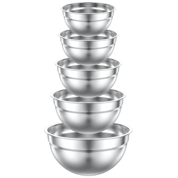 TINANA Mixing Bowls Set, 5 PCS Stainless Steel Mixing Bowls, Metal Nesting Storage Bowls for Kitchen, Size 4.5, 3, 2, 1.5, 0.75 QT, Great for Prep, Baking, Serving