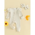 thumbnail image 3 of Musuos Newborn Girl Autumn Jumpsuit 3 6 12M Solid Color Round Neck Flying Sleeve Ruffled Zipper Romper with Bow Headband, 3 of 10