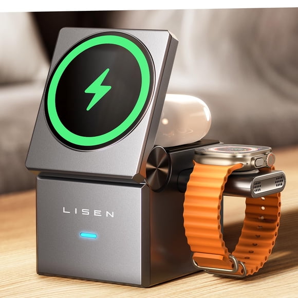 LISEN 3 in 1 Charging Station Apple, for iPhone Wireless Charging Station for Apple Magsafe Charger Stand Cube, Travel Magsafe Charging Station for iPhone 16 15 and Watch, Gifts