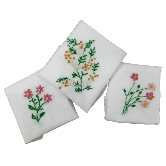 Hand Embroidered Unisex Cotton Handkerchiefs, Pack of 3, Floral Designs