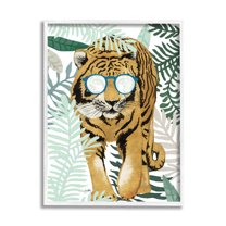 Elizabeth Medley Funny Tiger Wearing Glasses Green Fern Leaf Plants 24 in x 30 in Framed Painting Art Prints, by Stupell Home Décor