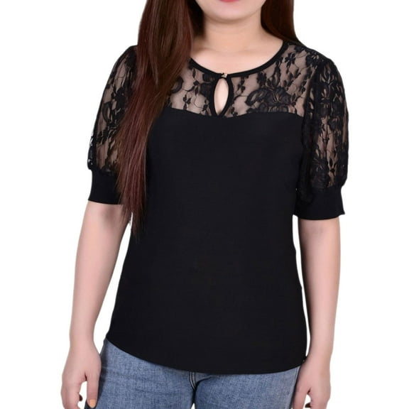 NY Collection Womens Puff Lace Sleeve Knit Blouse, Black, Petite, P/PS