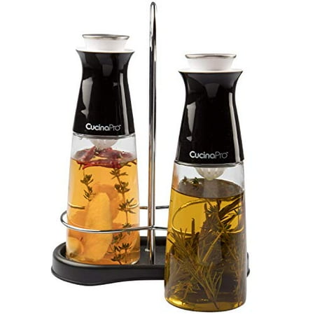Glass Oil And Vinegar Set Olive Oil and Vinegar Infuser Bottle Dispenser Set- Glass Dual Cruet Set (10 oz) w Built In Filter for Infusion and Clean Pouring- Storage Rack and Olive Oil/Vinegar Recipes Included ()