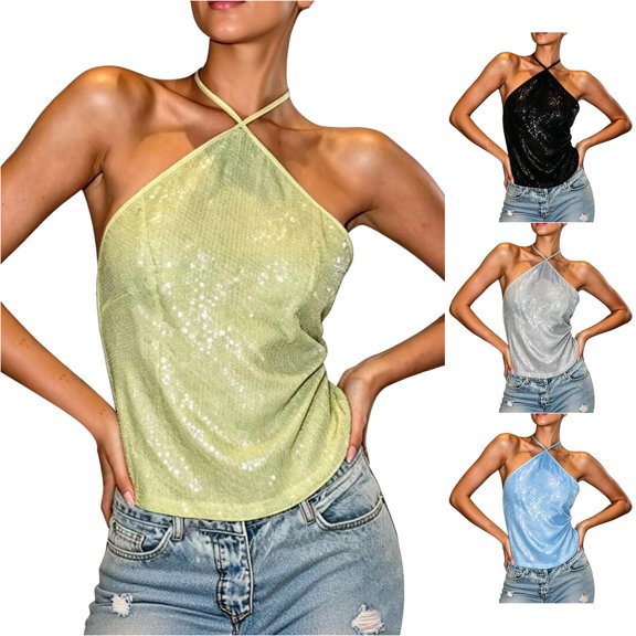 oqasdz Tank Tops for Women Halter Neck Sleeveless Criss Cross Strappy Sparkly Camisole Top for Ladies Beach Vacation Outfit Casual Outdoor,Yellow,L