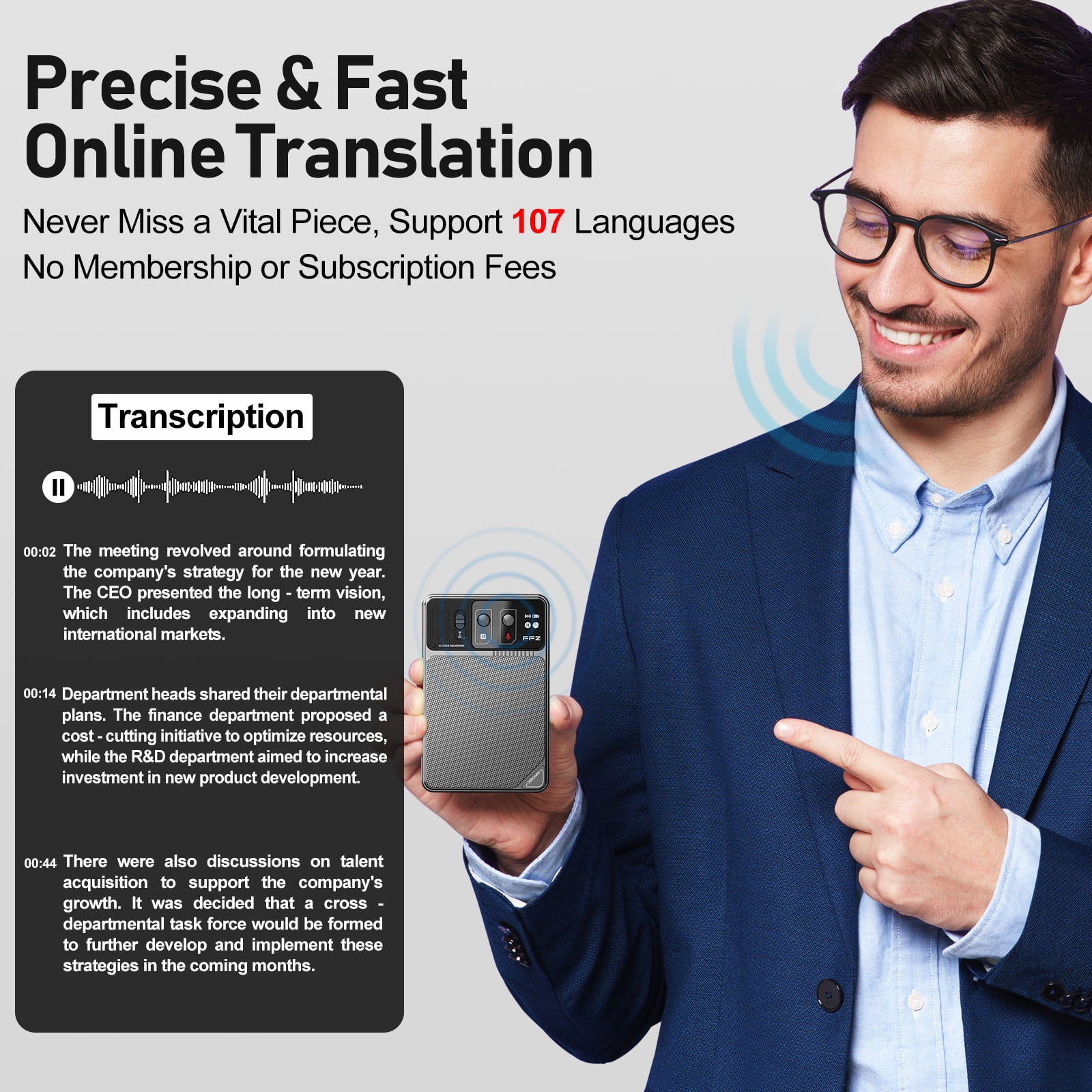 AI Voice Recorder, No Fee for Transcribe & Summarize Empowered by ChatGPT, Support 107 Languages Digital Voice Audio Recorder with App Control, 64GB Memory Recording Device for Lecture/Meeting, Grey