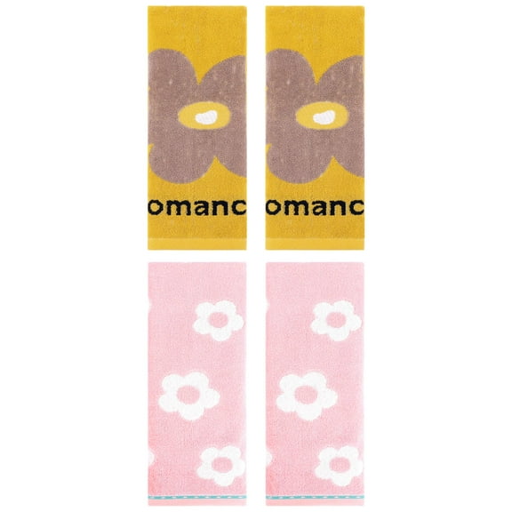 Unique Bargains Floral Cotton Soft Hand Towel Set 4 Pcs Pink/Yellow 14" x 30"/13" x 30"
