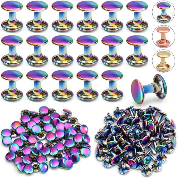 50-Pack Leather Craft Rivets Kit - Rainbow Tubular Double Cap Metal Studs with Setting Tools for Bag, Belt, Shoe Repair & DIY Leather Decoration.