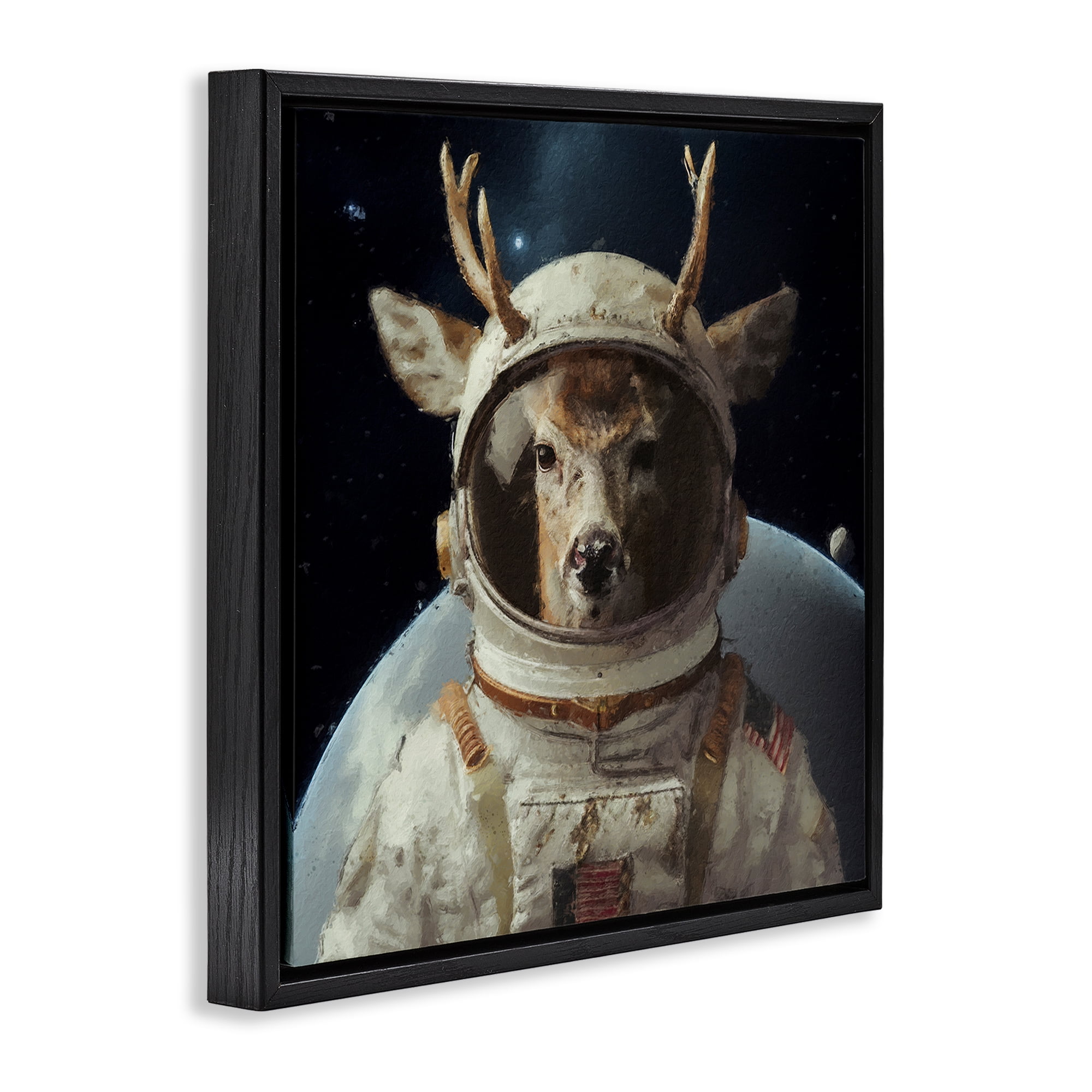 Stupell Industries Space Astronaut Deer Astrology & Stars Painting Black Floater Framed Canvas Art Print Wall Art, 18 x 18