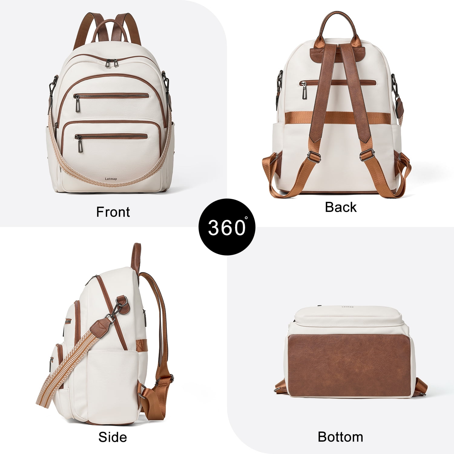 Backpack Purse for Women, Leather Vegan Ladies Fashion Designer Rucksack Convertible Travel Shoulder Bag Teacher College Daypack Work Handbag fits 14" Laptop-Beige