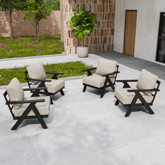 INTER HUT Urban Anvil 4 Pieces Patio Furniture Outdoor Metal Armchairs, All-Weather Patio Accent Chairs with Cushions, Black/Beige