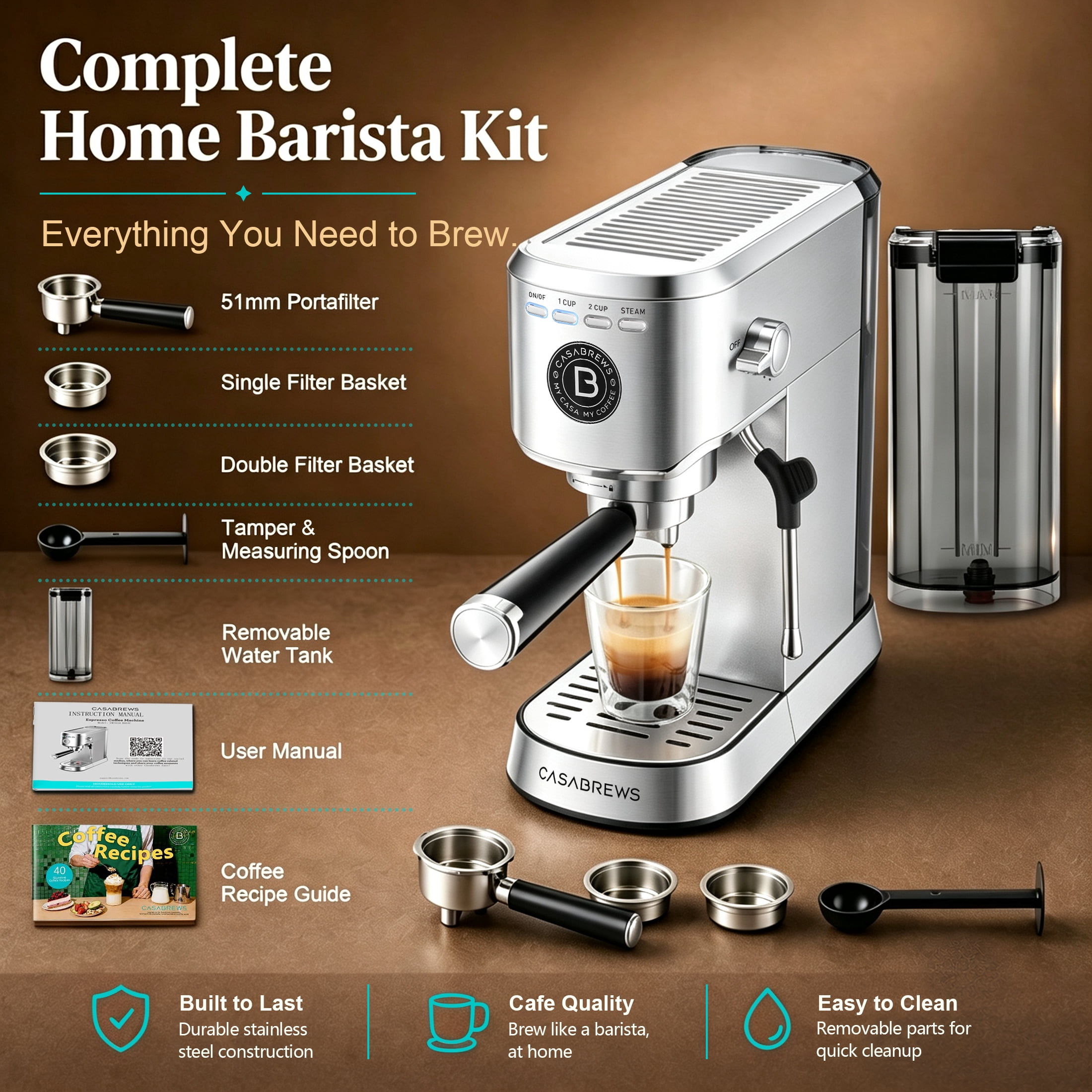 CASABREWS 5418 Basic 20-Bar Espresso Machine with Steam Wand, Stainless Steel