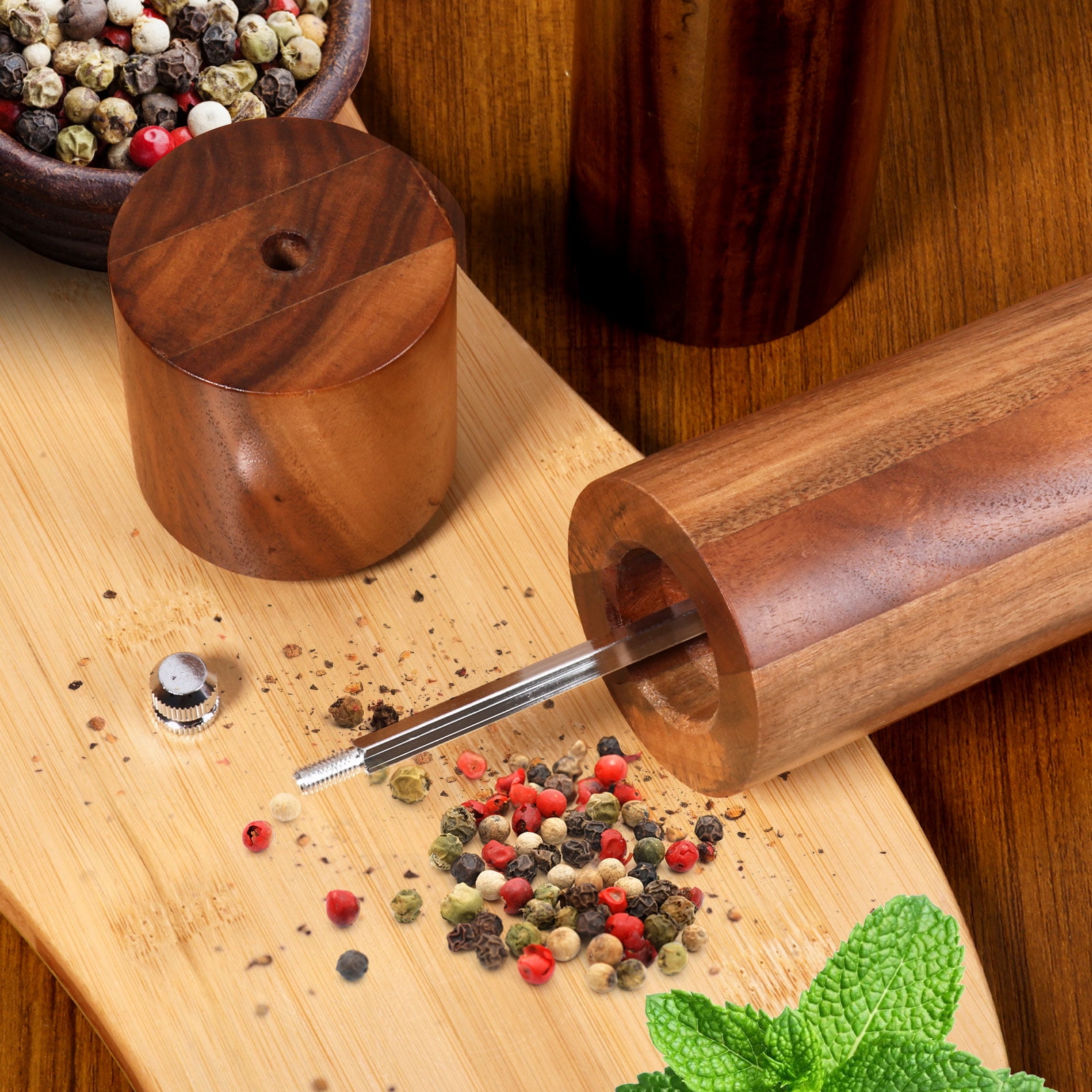 2Pcs Wooden Salt Mill Shaker Ergonomic Adjustable Coarseness Manual Pepper Grinder for Peppercorn Chili Flake Dried Herb
