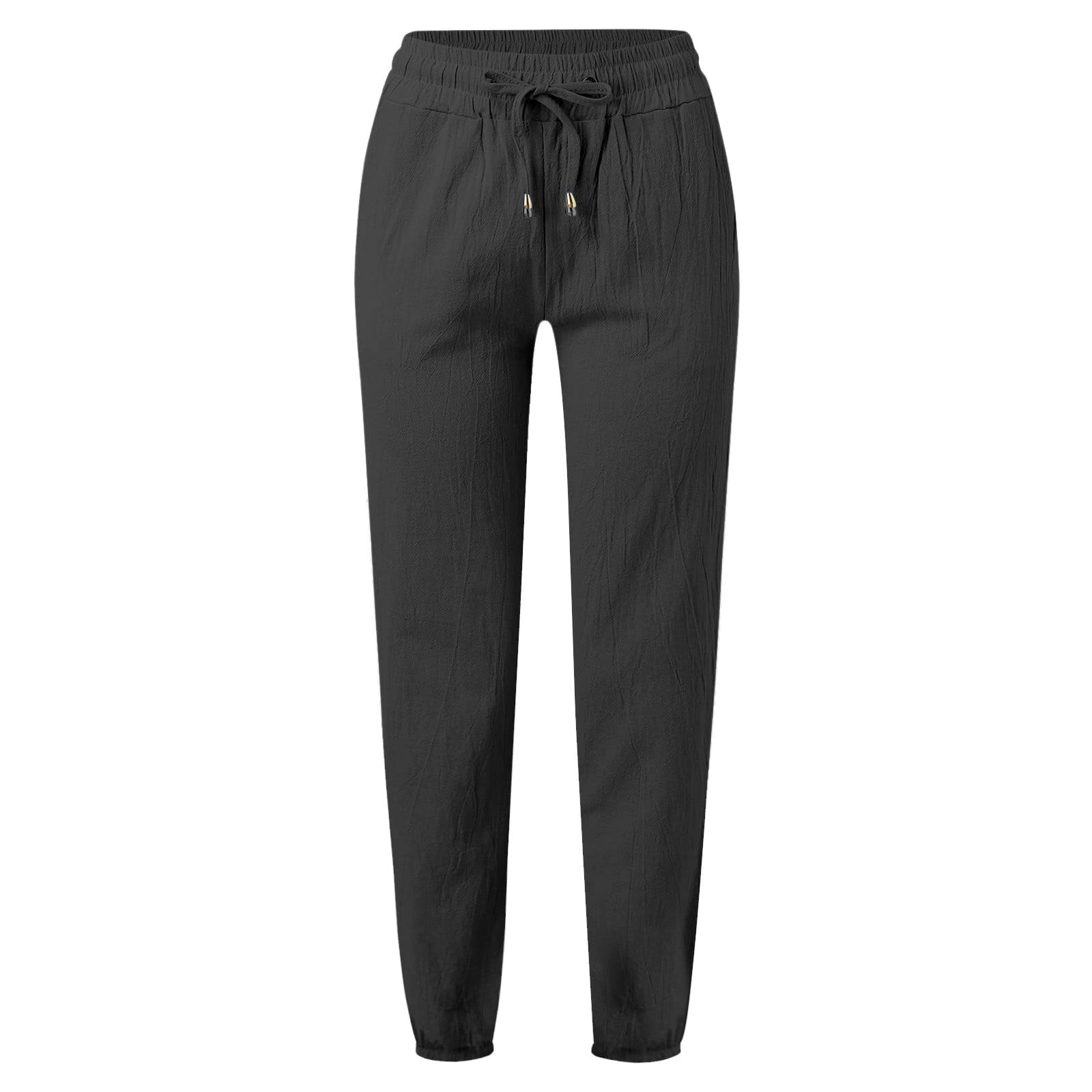 BXINGOHAI Women Casual Cotton Linen Pants Drawstring Elastic Waist Pants Solid Long Straight Pants 2024 Fashion Daily Pants Black,M