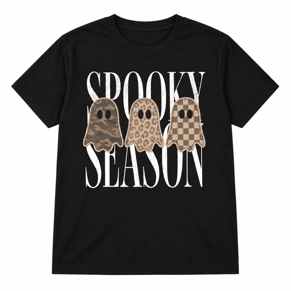 Halloween Spooky Season Ghost Graphic T-Shirt for Women, Black Crew Neck Tee