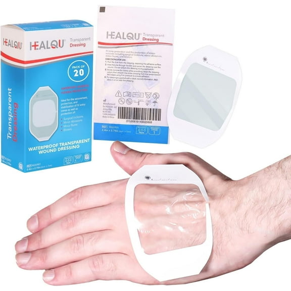 HEALQU Transparent Film Dressing - 2.3" x 2.7" (20 Pack) - Clear, Waterproof Adhesive Bandages for Wound Care, Post-Surgical Shower, IV Protection, and Tattoo Aftercare