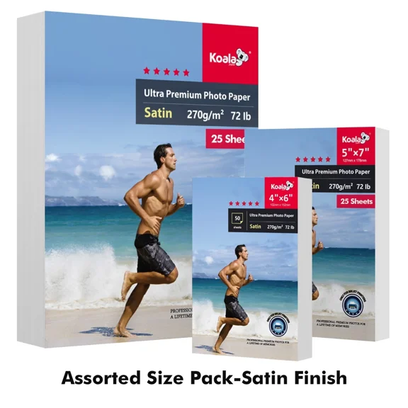 Assorted Size Pack - Koala Ultra Premium Satin Photo Paper 72lb for Inkjet Printers, Mixed Size Bundle Photo Paper 4x6 , 5x7 , 8.5x11