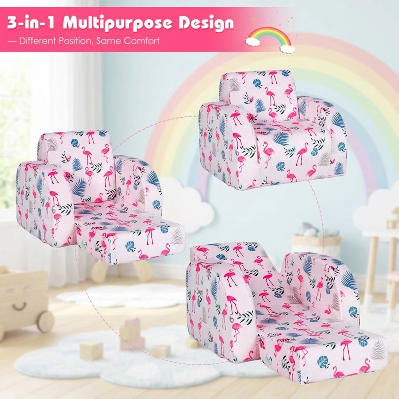 Furnibear Toddler Chair 3 in 1 Convertible Kid Sofa Bed Flip Out Chair Lounger for Toddler, Pink