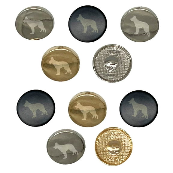 German Shepherd Dog Solid Set of 10 Metal 0.6" (15mm) Sewing Shank Round Buttons - Silver Color