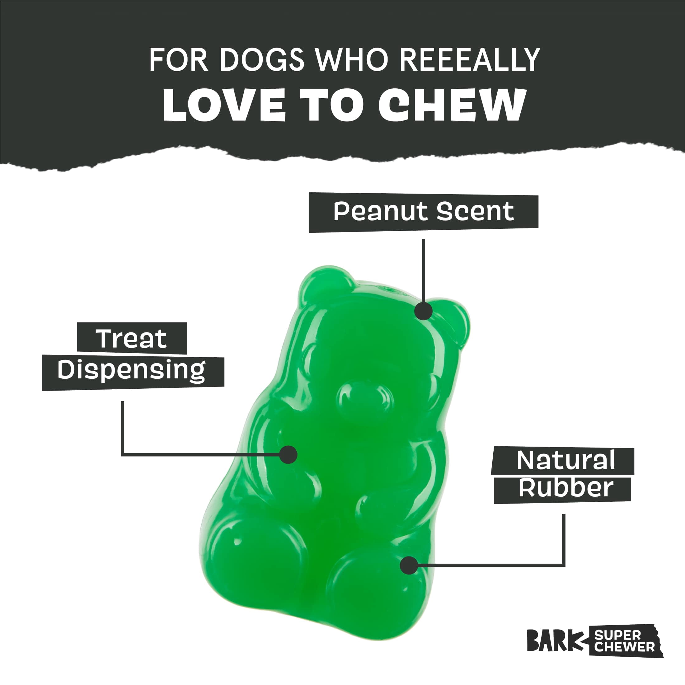 BARK Super Chewer Munchie The Bear Gummy Bear Green Rubber Dog Toy S