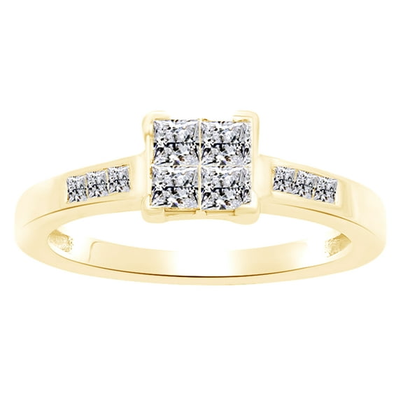 AFFY Princess & Round Shape White Natural Diamond Square Cluster Engagement Ring In 10K Solid Yellow Gold (0.5 Cttw)