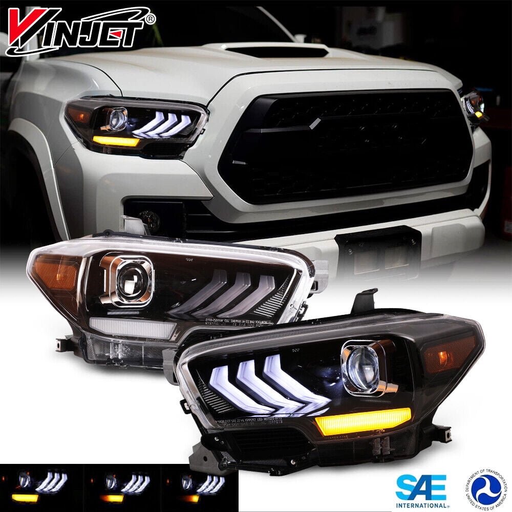 Winjet LED Headlights Fit For 2016-2019 Toyota Tacoma / 2020-2023 Tacoma(SR,  SR5, TRD Sport models only),Sequential Turn Signal Light Tacoma Front Lamp  (Chrome Housing Clear Lens) 