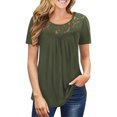 thumbnail image 5 of T-shirt Femme Tunique Plissée Col Rond T-shirt Court Fille Manches Courtes Blouse en Dentelle, Vert Armée, m, 5 of 5