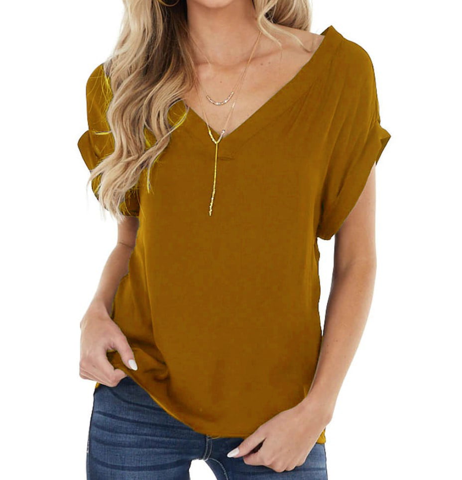 Yellow Summer T Shirt Women Loose Short Sleeve Solid T-Shirt Tops 