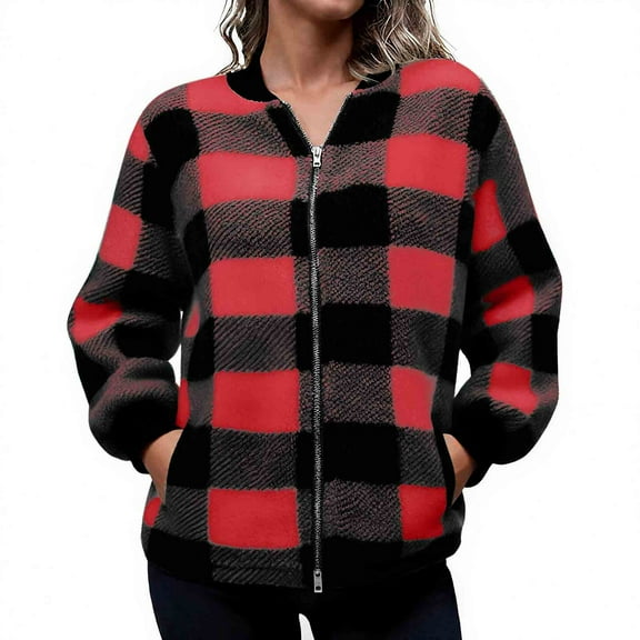 GaThRRgYP Coats for Women Fleece Jackets,Women's Fashion Long Sleeve Solid Color Thickening Cardigan Thicken Jacket Checkered Jacket Fall Winter Warm Coat Red S