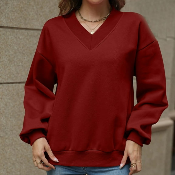 Xcmzpl Womens Sweatshirts Basic Solid Color V Neck Sweatshirt Trendy Sweater Tops Comfort Long Sleeve T-shirts Winter Fashion