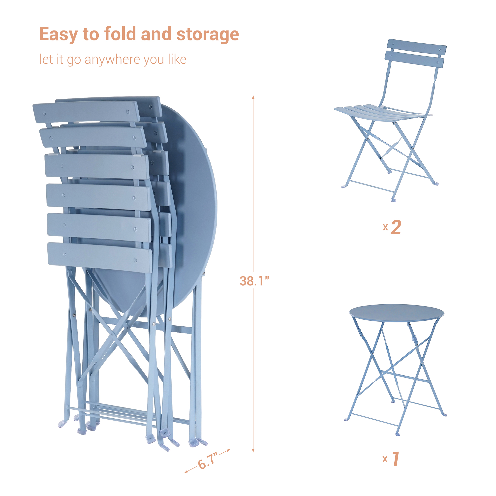ACEGOSES 3 Pces Patio Folding Chairs with a Steel Frame Table for Garden, Deck and Yards,Turquoise blue - image 2 of 7