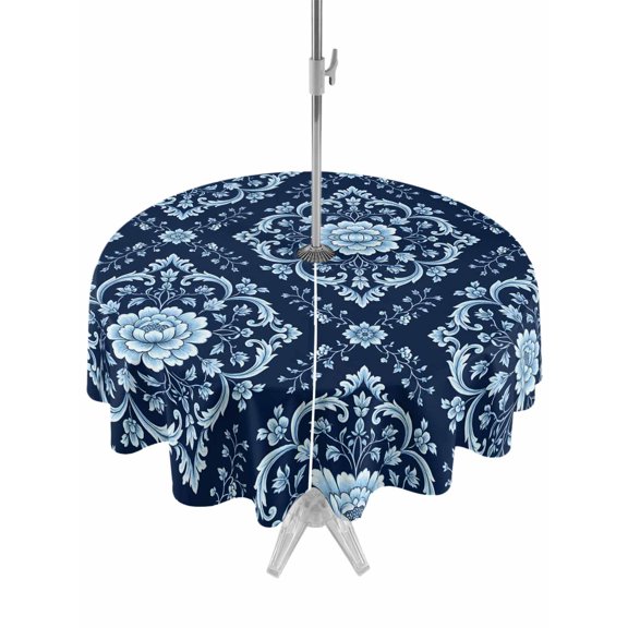 Outdoor Tablecloth with Umbrella Hole Zipper Navy Blue Flowers Round Tablecloth 54" Waterproof Outside Table Cloth Spring Floral Farmhouse Art Patio Table Cover Tablecloths for Picnic Party