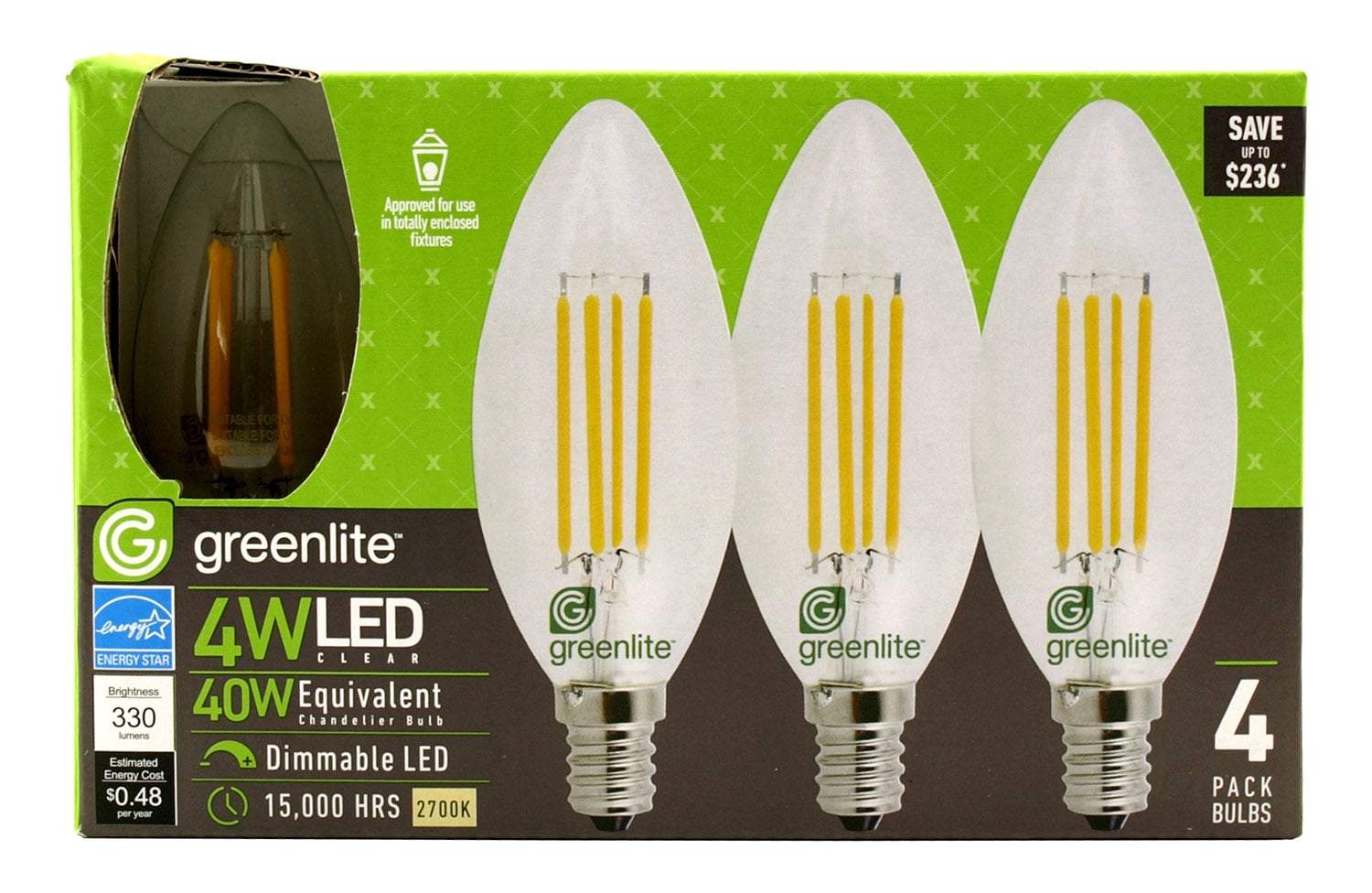 4 pk. B10 Chandelier LED Light Bulbs 330 Lumens 27000K