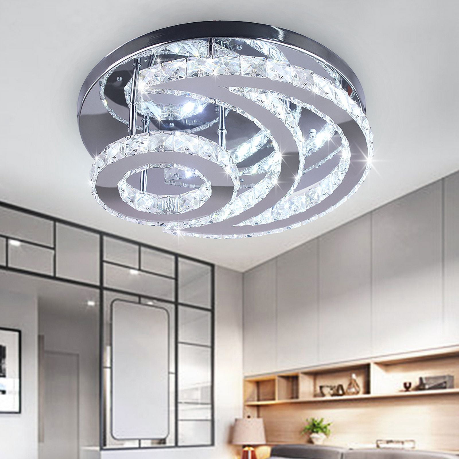 FRIXCHUR Modern Crystal Chandelier LED Moon Crystal Ceiling Light  Flush Mount Chandelies for Dining Room Bathroom Bedroom Living Room(Cool White)