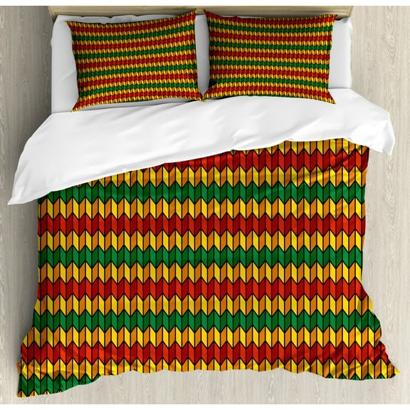 Rasta Duvet Cover Set King Size, Geometrical Zig Zag Triangle Inspired Shapes in Flag Colors Art Print, Decorative 3 Piece Bedding Set with 2 Pillow Shams, Marigold Orange and Green, by Ambesonne