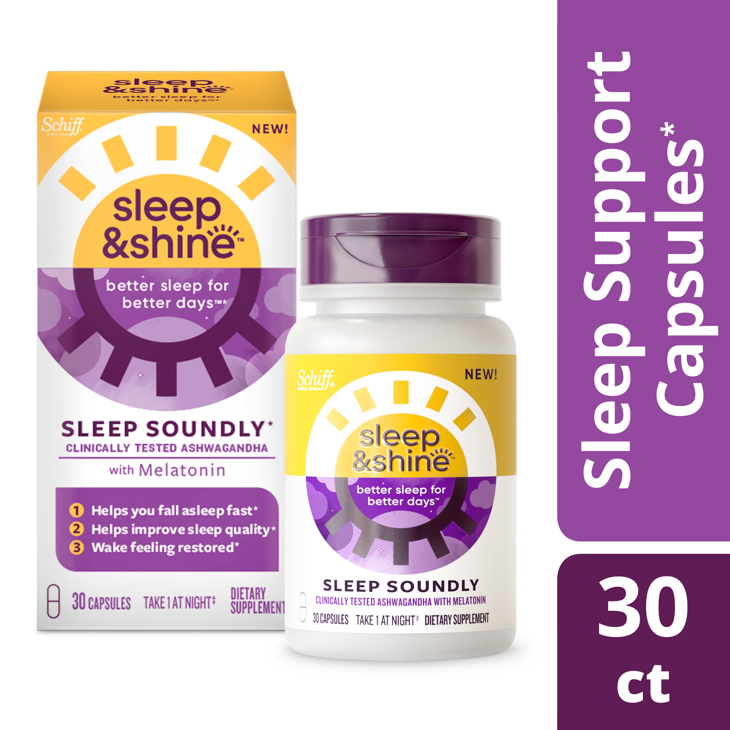 Sleep & Shine Sleep Soundly Capsules (30 count), Clinically Tested Ashwagandha With Melatonin, Nightly Sleep Support, Helps You Fall Asleep Fast & Wake Feeling Restored*