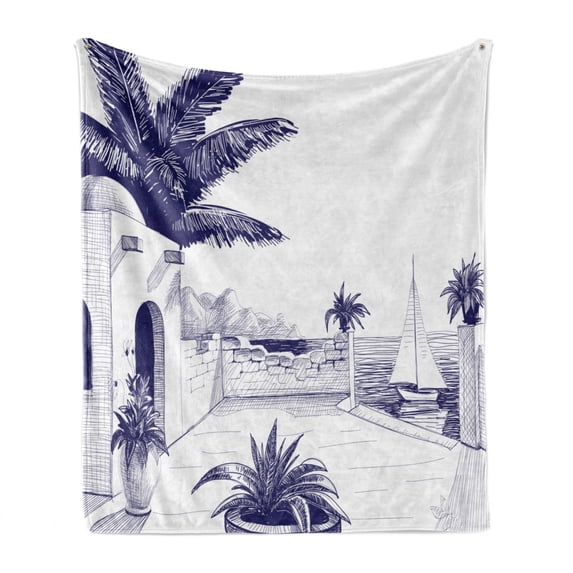 Vintage Boat Soft Flannel Fleece Blanket, Beach House by the Sea Sunny Summer Mediterranean Climate Artwork Print, Cozy Plush for Indoor and Outdoor Use, 50" x 70", Indigo and White, by Ambesonne