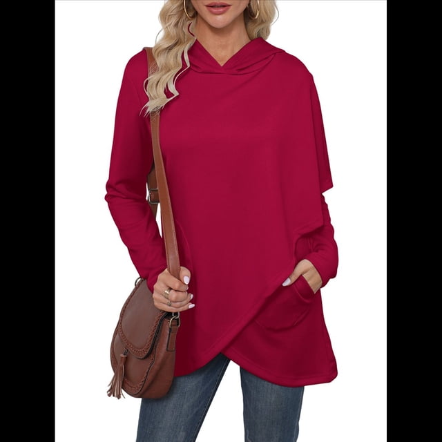 Sudadera Holgada con Capucha y Larga para Mujer, de Color Liso e Irregular Vino Tinto M
