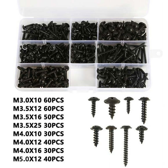 340 Pieces Self Tapping Screws with Plastic Box, M3 M3.5 M4 M5 Countersunk Head Screws, Black Carbon Steel Self Tapping Screws, Cross Head, for Plastic Wood Soft Metal(8 Size)
