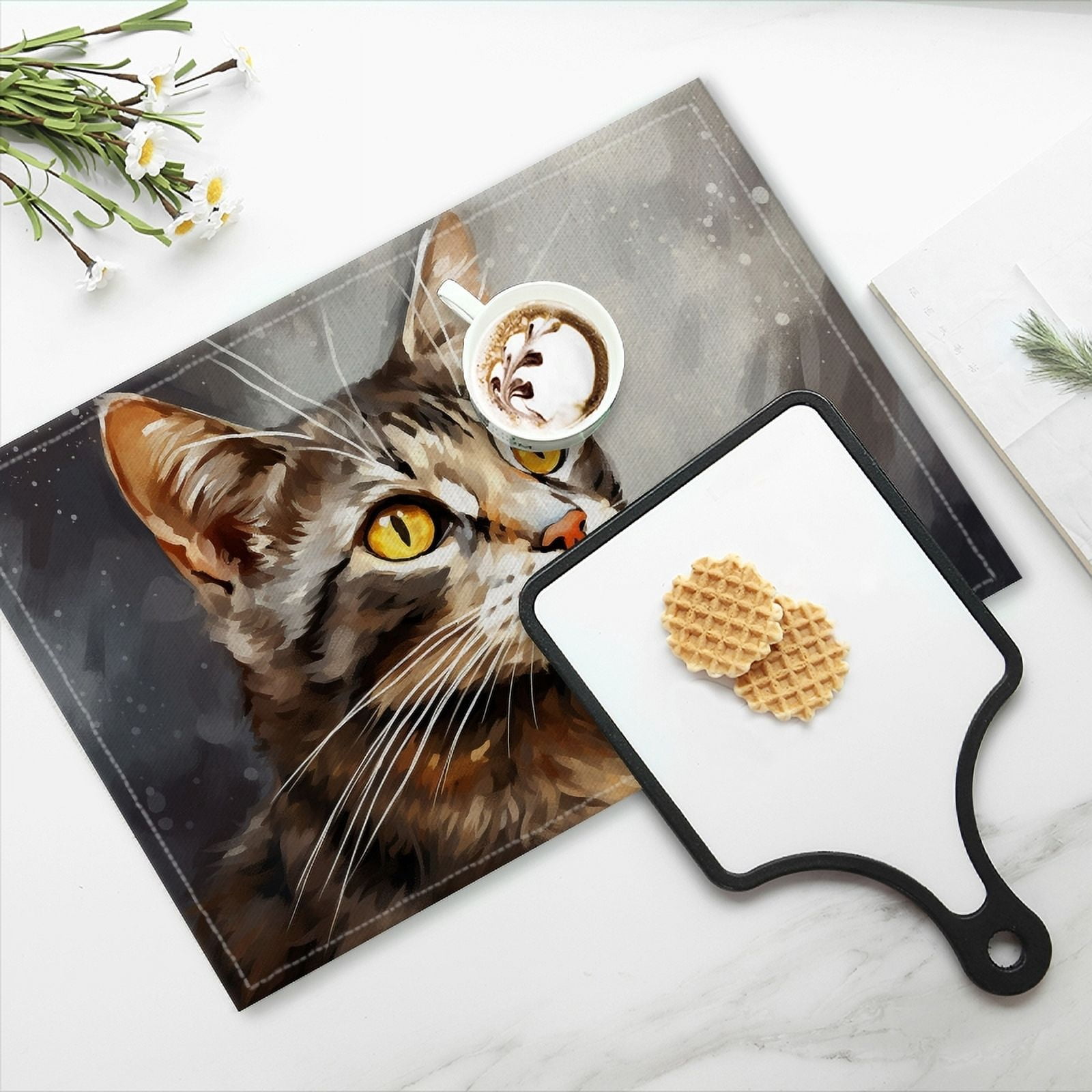 BaHomeck placemats Set of 4 rectangle Linen Cotton Placemats for Dining Table Washable Heat Resistant,18*12inch,Cute Cat Against Grey Background