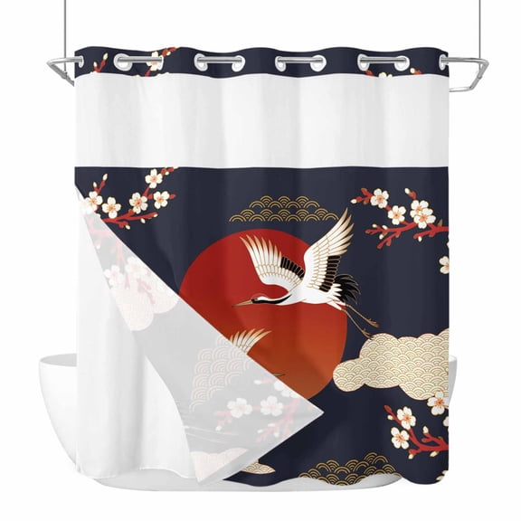 No Hook Shower Curtains with Snap-in Liner Set, Japanese Style Waterproof Hotel Style Bathroom Shower Curtain, Modern Cranes Cherry Flower Wave Red Blue Breathable Mesh Top Bath Curtains 66''x72''