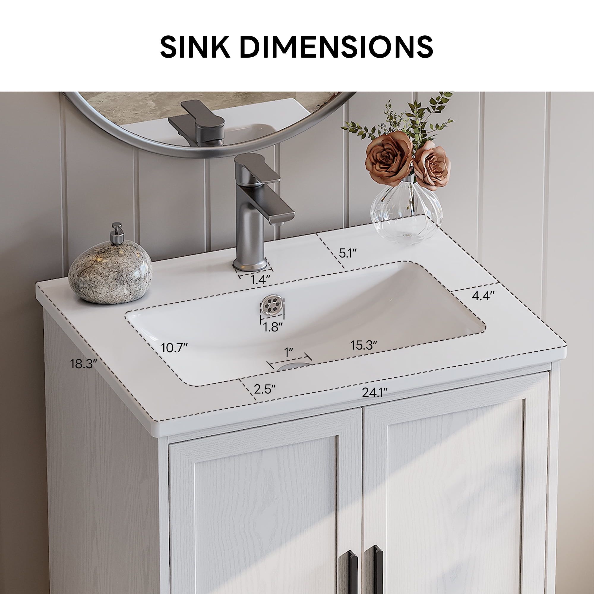 LIKIMIO 24" Bathroom Vanity with Ceramic Sink Combo, White Bathroom Storage Cabinet with Drawer, 4 Solid Legs, Adjustable Shelf, Freestanding Wooden Modern Bathroom Cabinet
