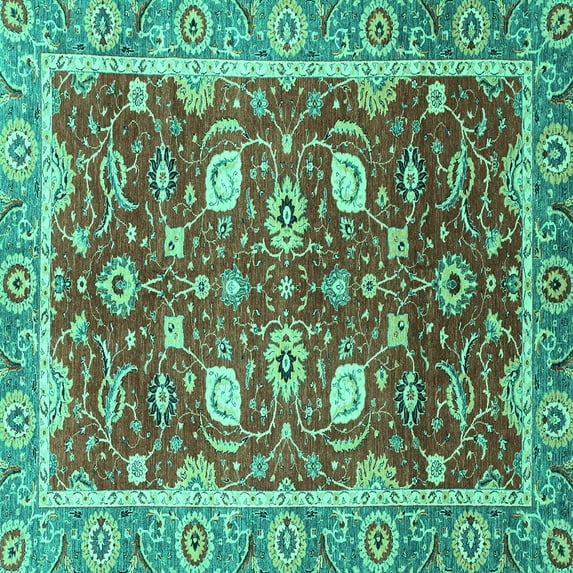 Ahgly Company Machine Washable Indoor Square Oriental Turquoise Blue Traditional Area Rugs, 4' Square