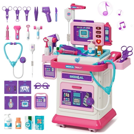 Doctor Kit for Kids with Realistic Light & Sound Effects, Pretend Mobile Medical Station, Role Play Medical Toy - Pink
