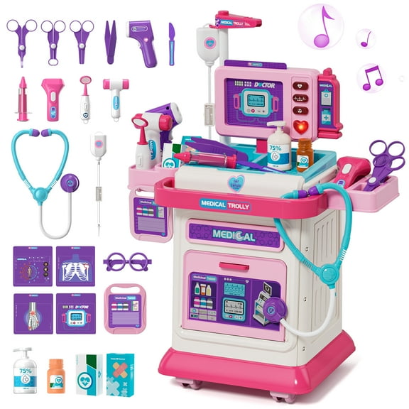 Doctor Kit for Kids with Realistic Light & Sound Effects, Pretend Mobile Medical Station, Role Play Medical Toy - Pink