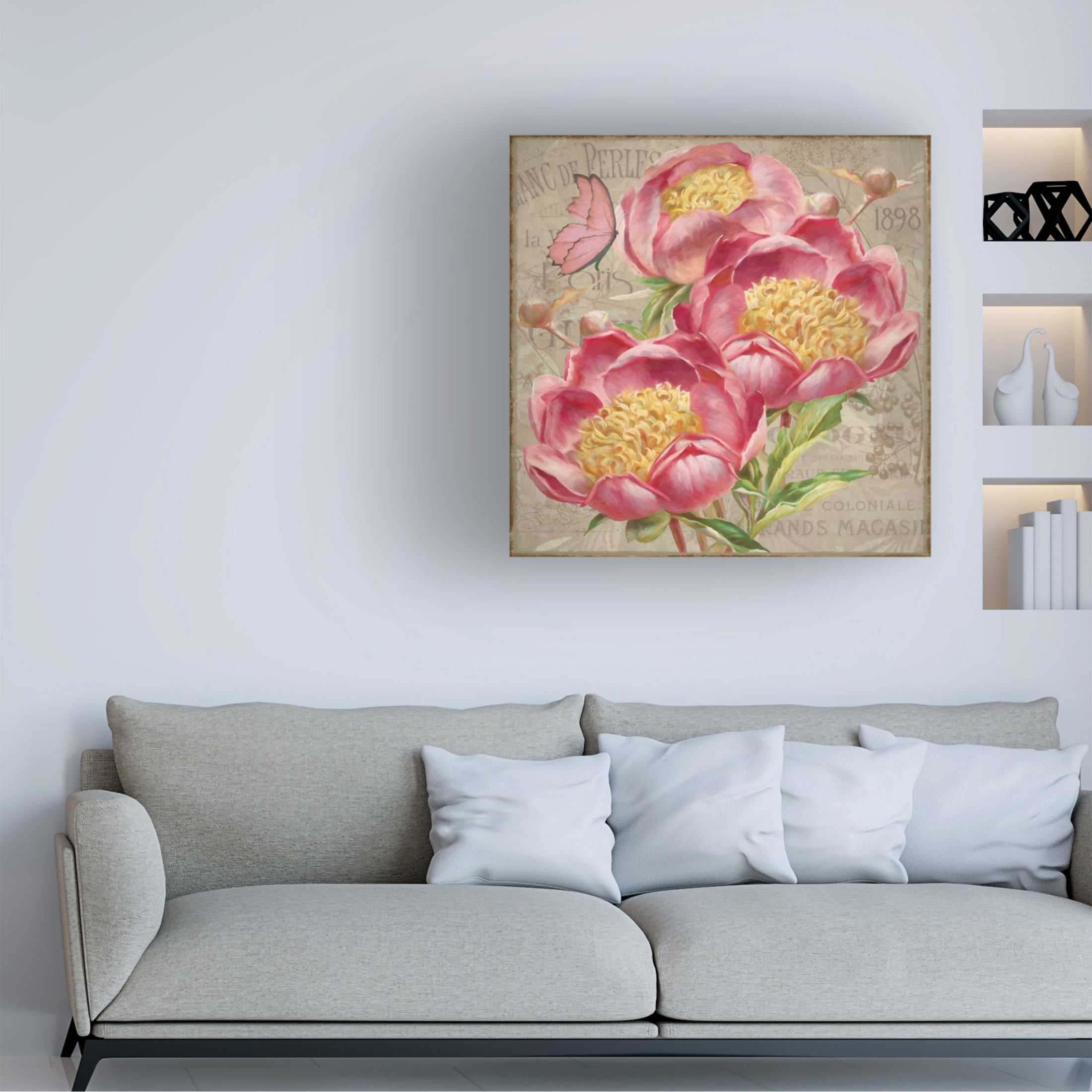 Canvas Wall Art - Cora Niele 'Pink Peonies And Butterfly' Wall Art for Living Room, Bedroom, or Office Décor by Trademark Fine Art - 18 x 18 Inches