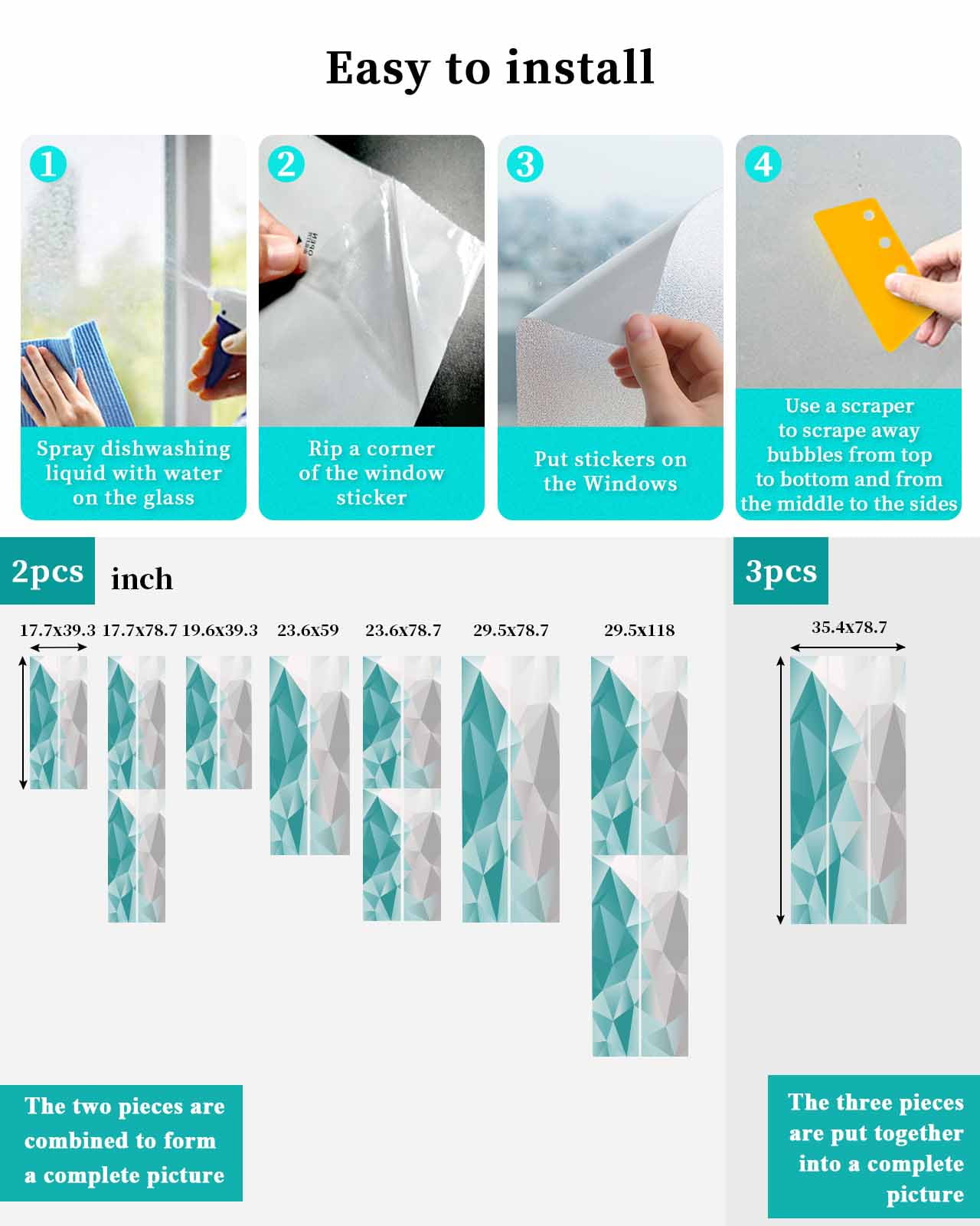 Window Privacy Film, Turquoise Green Grey Ombre UV Sun Blocking Window Tint Film Heat Control One Way Blackout Window Film, Geometric Gradient Marble Color Block Non Adhesive Static Cling 23.6x59 In