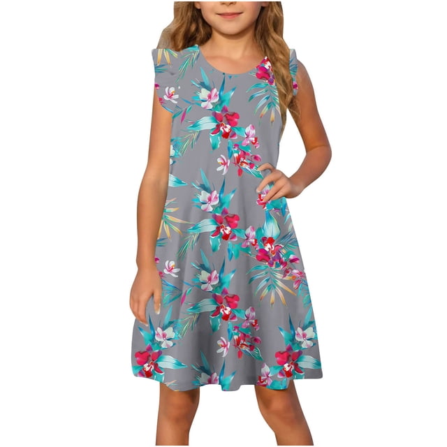 RXIRUCGD 2025 Vêtements d'Été pour Enfants Robe d'Été à Manches à Volants pour Filles 4-14T