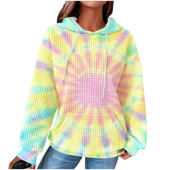 Women's Tie Dye Hoodies Pullover Oversized Sweatshirt Trendy Casual 2025 Fall Winter Waffle Tunic Tops with Pocket