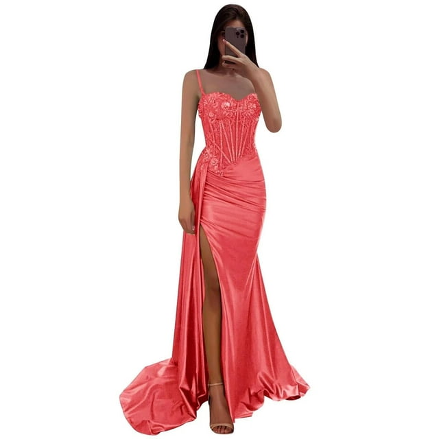 Vestido de fiesta RUMUGUYA, clásico, con apliques largos de encaje satinado, coral